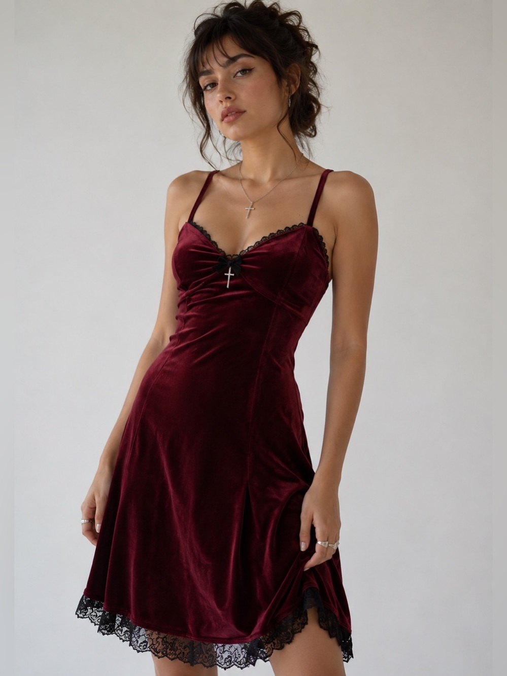 COSMIC AURA Burgundy Velvet Slip Dress Lace Hem Whimsical Gothic Medium